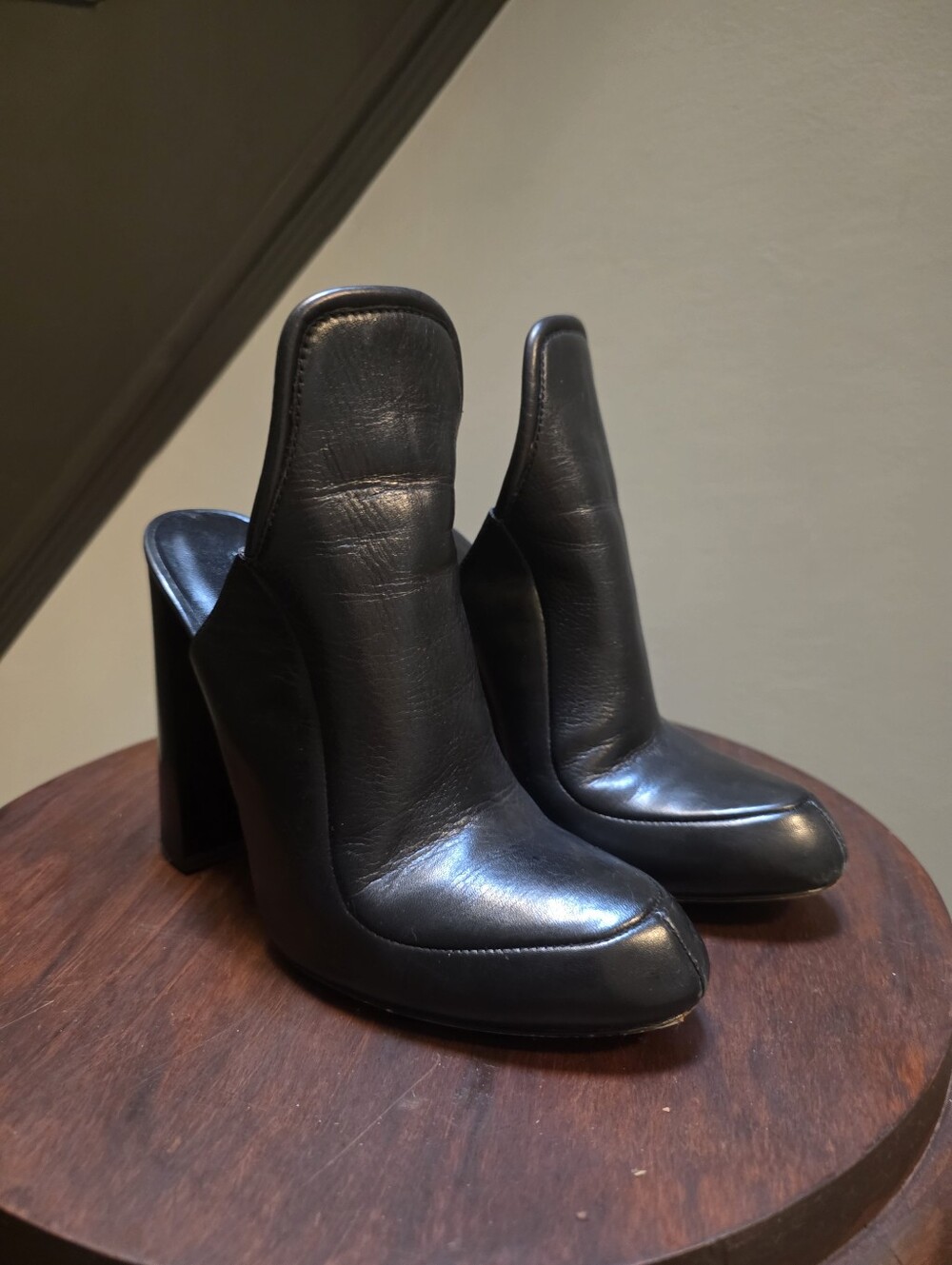Alexander Wang Black Leather High Tongue Mule Block Heel Bootie Size 37 / US 7